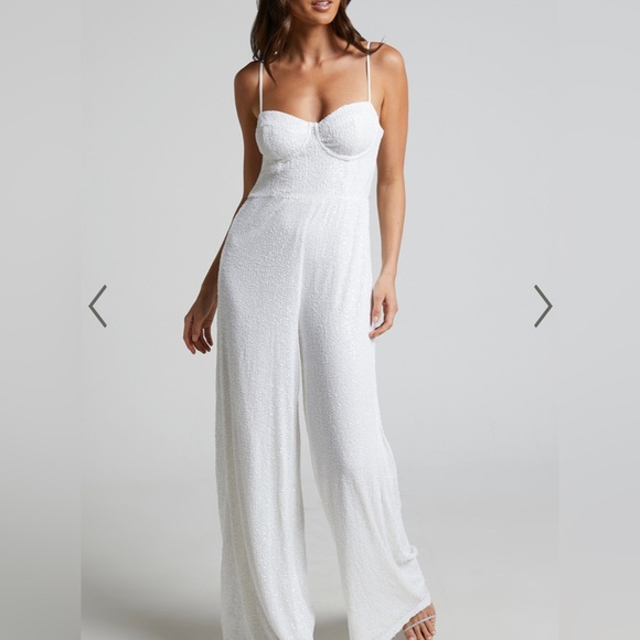 Showpo. Pants - Claudilyn Jumpsuit Sequin Corset Bustier Bodice Wide Leg White